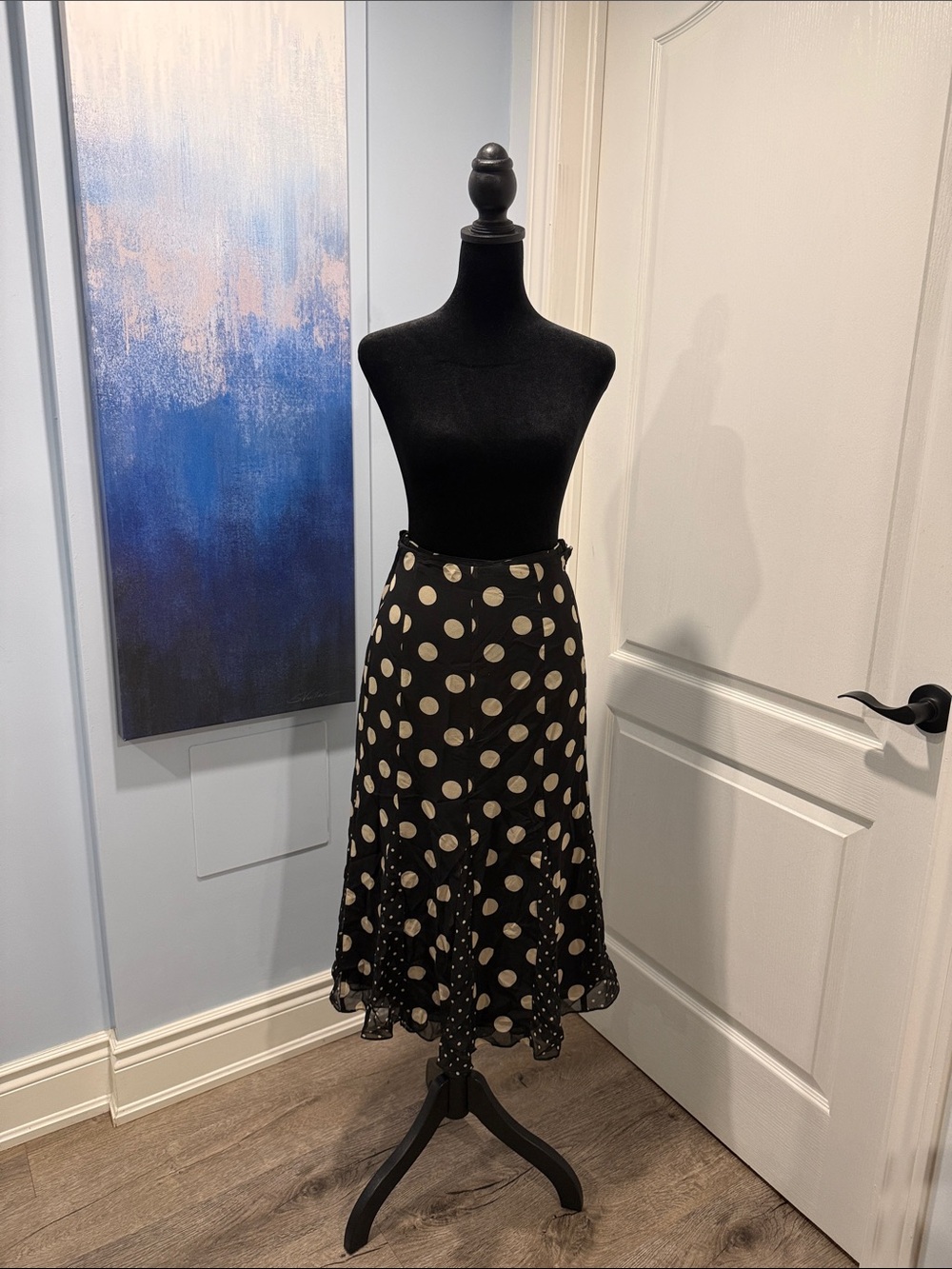 Jones NY Black and Cream Polka Dot A-Line Midi Skirt